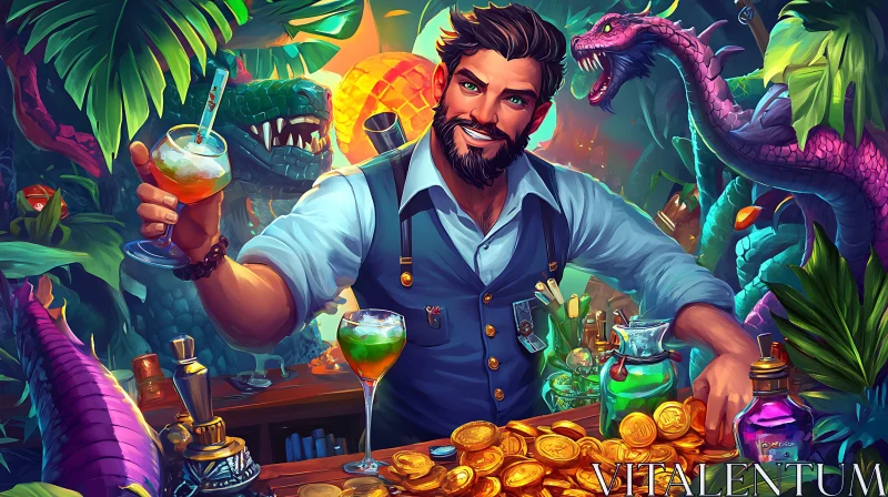 AI ART Fantasy Bartender Serving Cocktails in Jungle