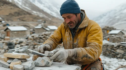 Stone Carver at Work in the Mountains