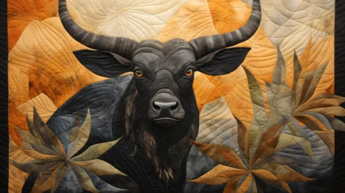 Bull Portrait: A Quilted Masterpiece in Light Orange and Dark Gold