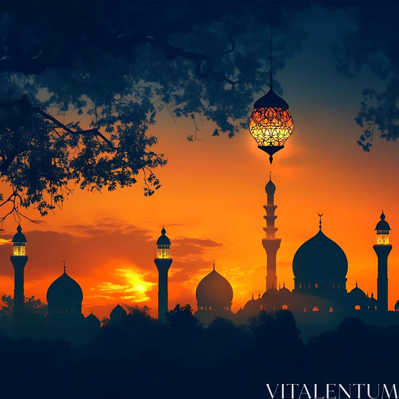 Sunset Mosque Silhouette with Hanging Lantern AI Image