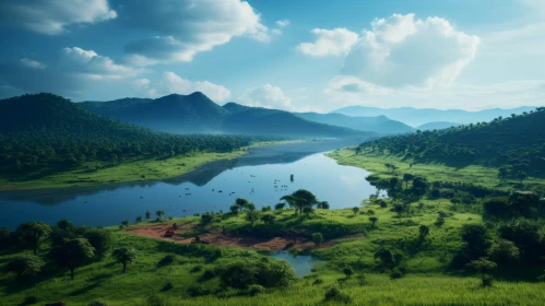 Captivating Green Valley Landscape with River and Mountains