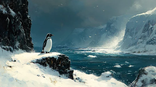 Penguin and Icy Ocean View