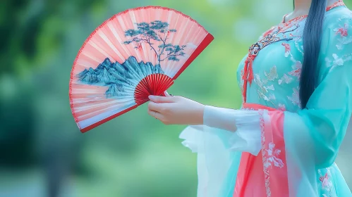 Asian Woman with Fan in Traditional Dress