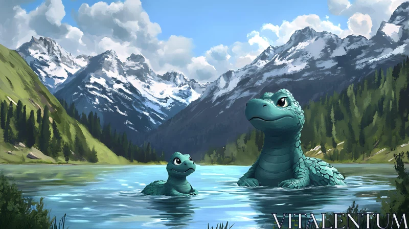 AI ART Cartoon Dinosaurs in Mountain Lake