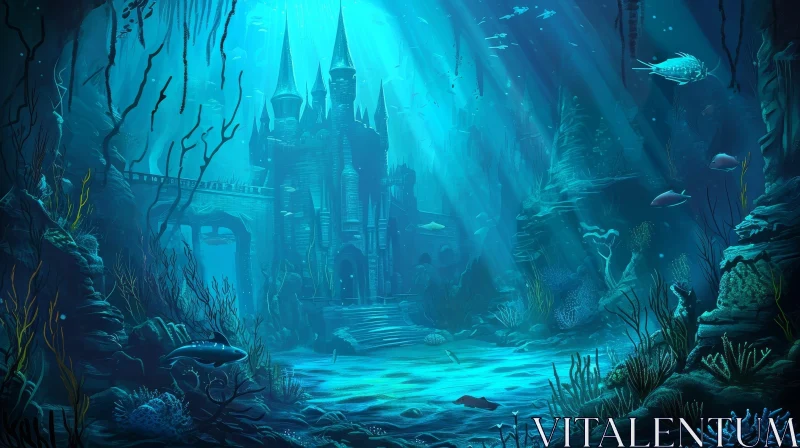 Enchanting Underwater Scene with Castle and Colorful Fish AI Image