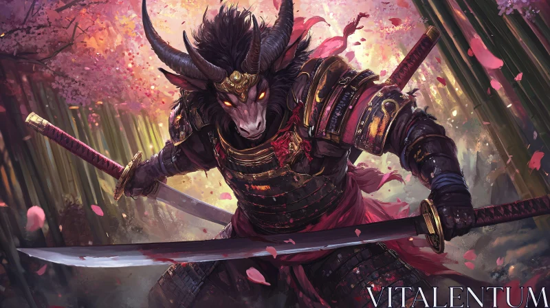 AI ART Armored Minotaur Samurai in Floral Battle Scene