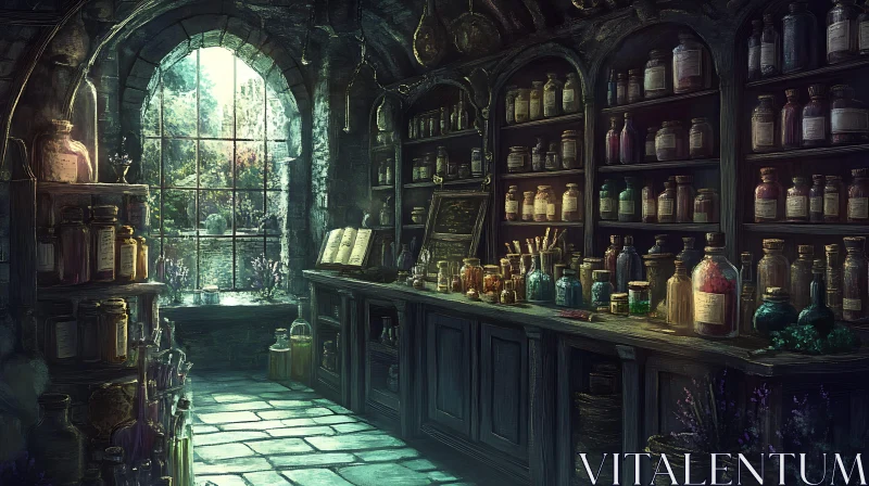 AI ART Vintage Alchemist's Chamber with Colorful Bottles