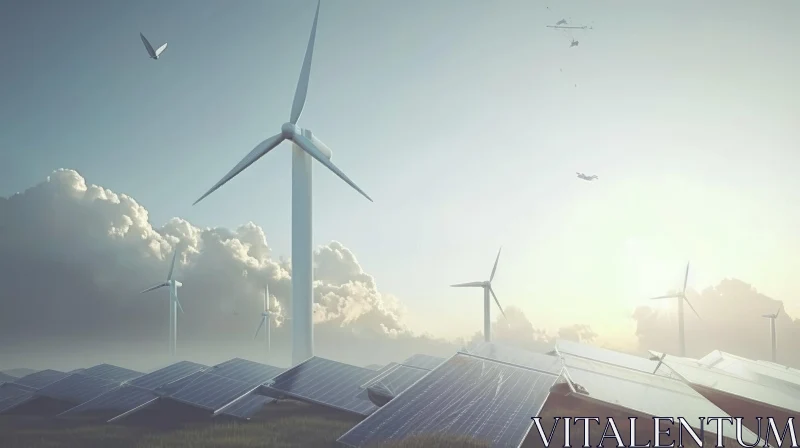 Futuristic Wind Turbines and Solar Panels on a Field with Birds AI Image