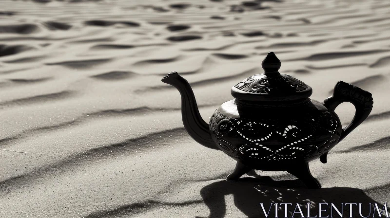 Metal Teapot in the Desert - Sepia Tone AI Image