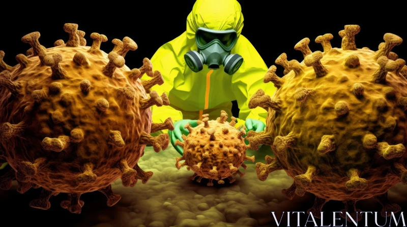 Post-Apocalyptic Art: Gas Masked Figure Confronts Coronaviruses AI Image