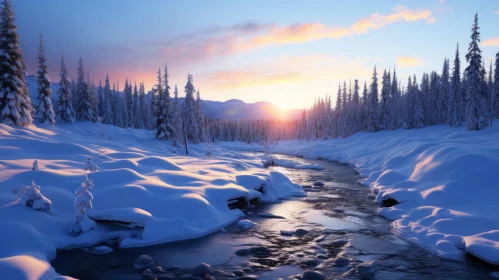 Serene Winter Stream Amidst Sunlit Snowy Forest