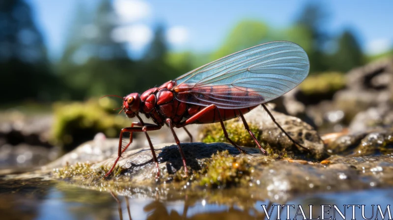 Stunning Red Insect by Stream - Precisionist-inspired Glass Representation AI Image