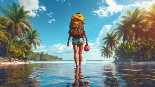 Woman Hiking Along Beach with Coconut Palms - Hyperrealism and Photorealism
