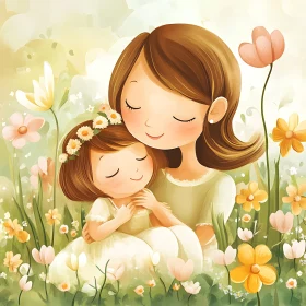 Loving Mother's Embrace in Flower Garden