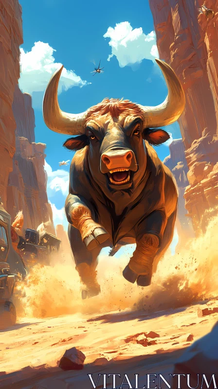 Epic Bull Charge through Canyon AI Image