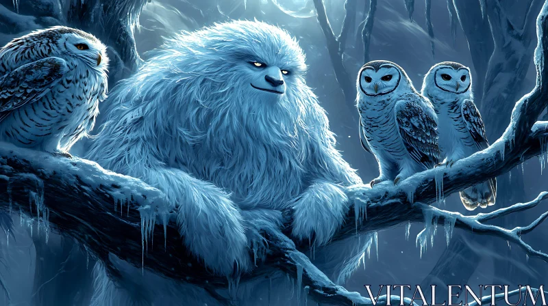 AI ART Snowy Yeti with Owl Companions