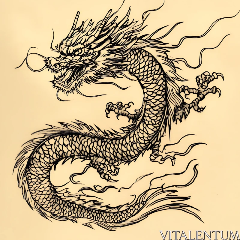 AI ART Serpentine Dragon Illustration in Black and White