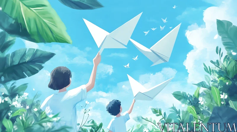 AI ART Children Launching Paper Airplanes Illustration