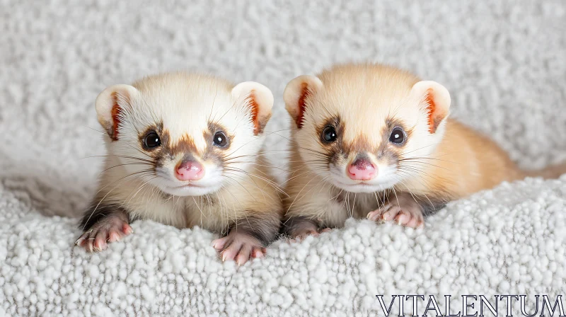 Adorable Ferrets Relaxing on Light Gray Blanket AI Image