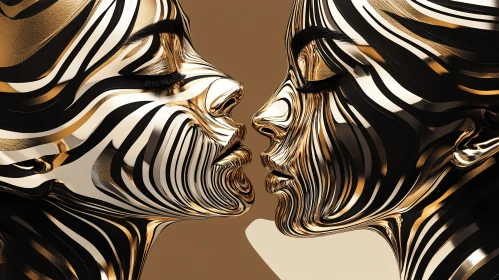 Stripped Golden Faces Abstract Artwork