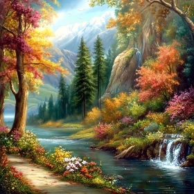 Vibrant Forest Landscape with Waterfall and Pathway