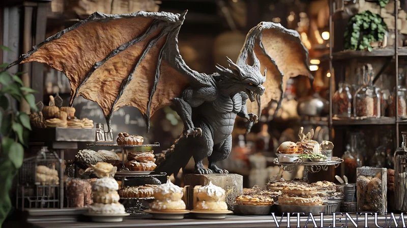 Mythical Feast: Dragon and Pastries Composition AI Image