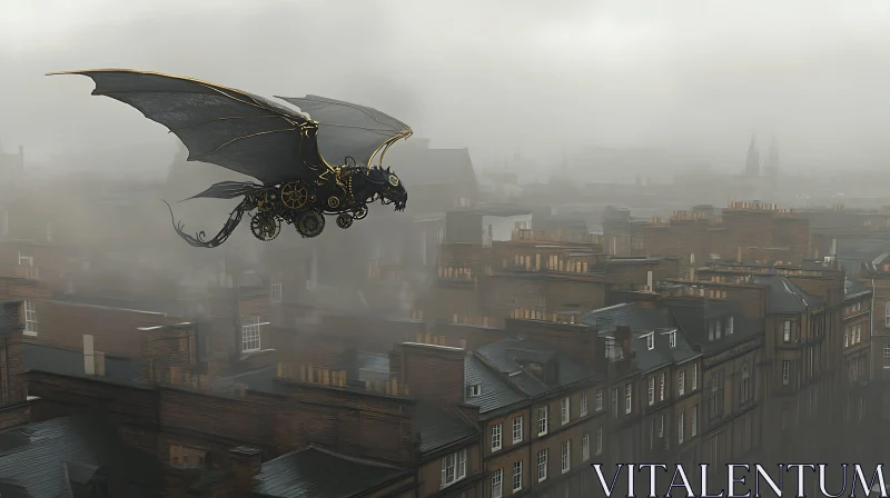 AI ART Mechanical Dragon in Foggy Urban Scene