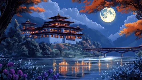 Moonlit Asian Architecture Reflection Scene