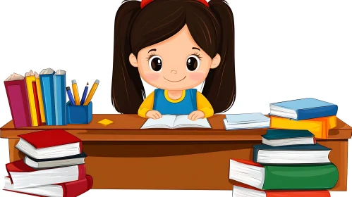 Cartoon Girl Immersed in Learning