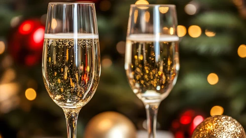 Holiday Champagne Flutes and Festive Lights