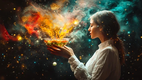 Woman Holding Cosmic Bowl Art