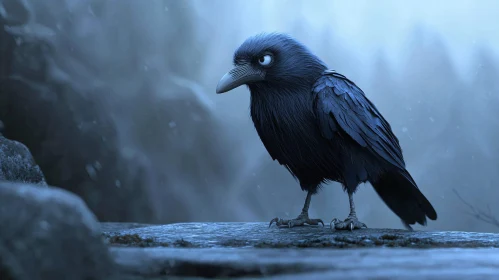 Animated Raven Perched on Snowy Ledge