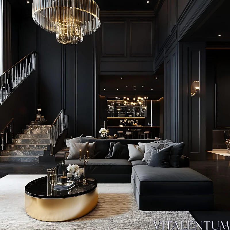 Sophisticated Dark Living Room with Marble Staircase and Gold Accents AI Image