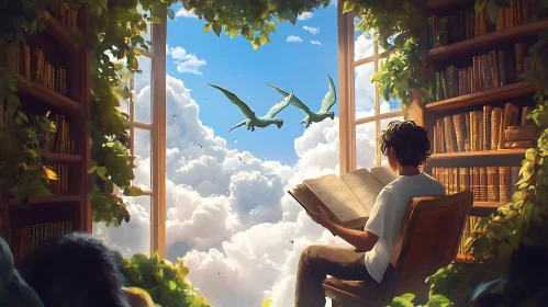 Serene Reading Scene with Birds