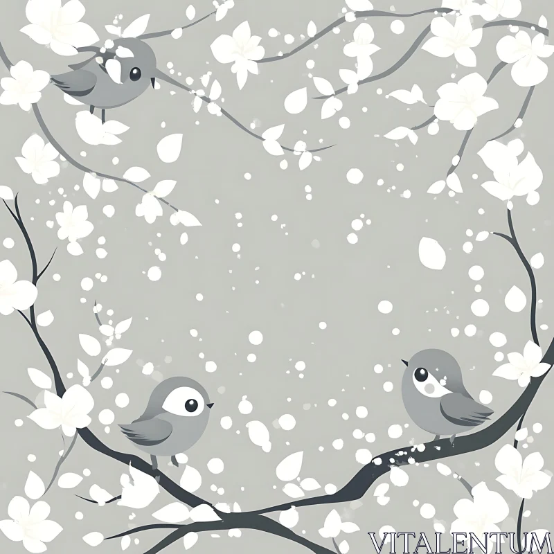 Monochrome Birds on Flowering Branch Art AI Image