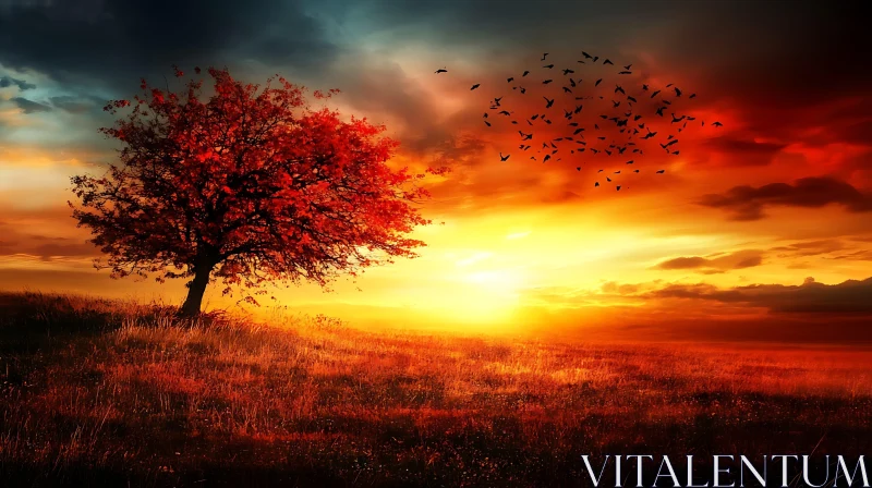 Lone Tree at Sunset with Birds AI Image