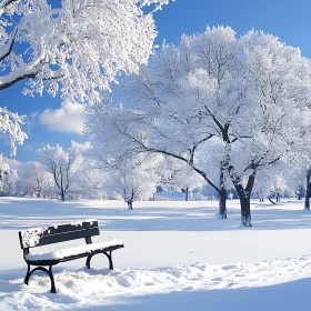 Peaceful Snowy Landscape with Frost-Adorned Trees and Bench