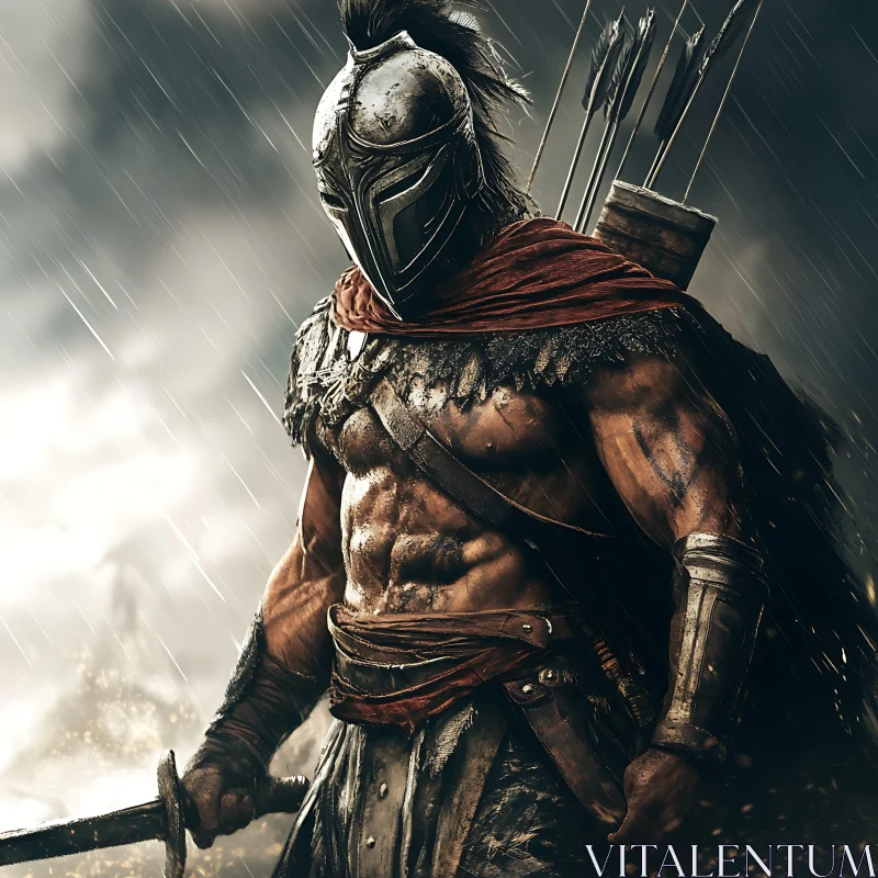 Armored Warrior with Sword in the Rain AI Image