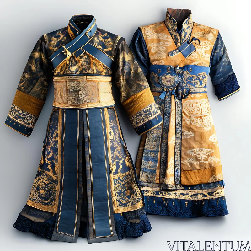 AI ART Intricate Vintage Fashion: Gold and Blue Dresses