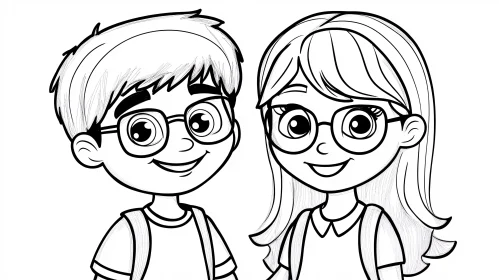 Smiling Boy and Girl Cartoon Drawing