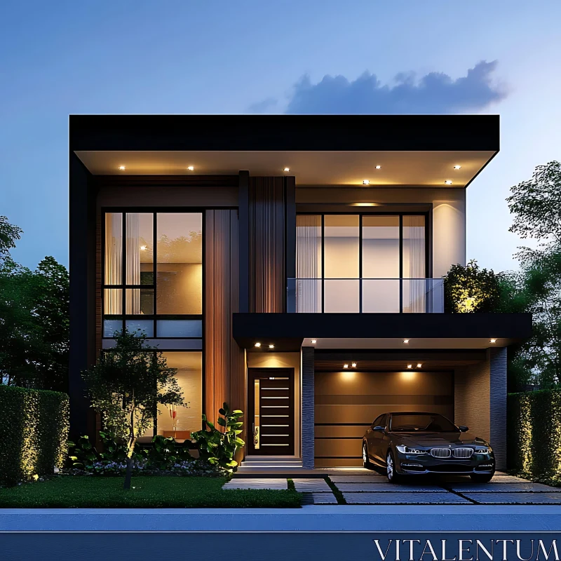 Contemporary House with Evening Lights AI Image