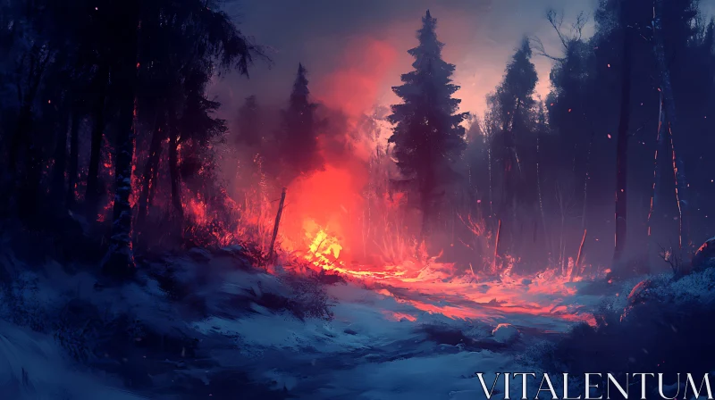 Nighttime Wildfire in Forest AI Image