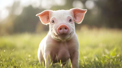 Cute Piglet Grazing in Sunlit Pasture