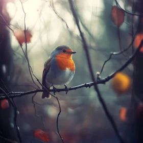 Charming Robin in Autumn Forest