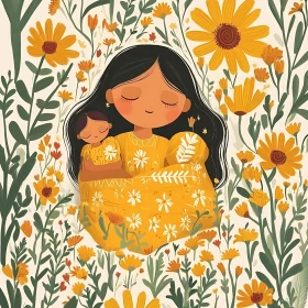 Mother and Child Surrounded by Yellow Flowers
