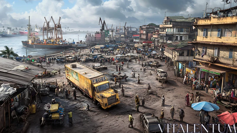 Busy Port City Street View AI Image