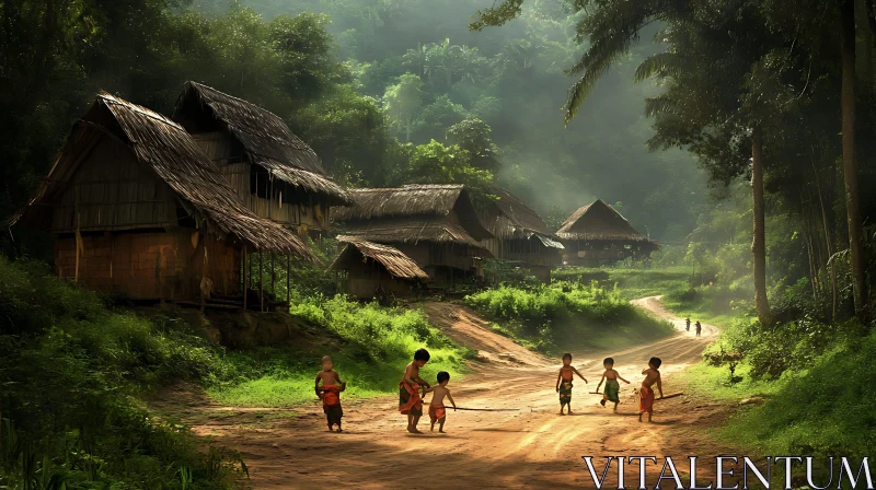 Village Life with Playing Children AI Image