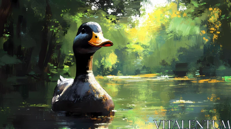 AI ART Duck Swimming in Forest Pond