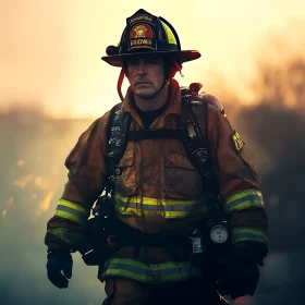 Firefighter in Full Gear at Sunset
