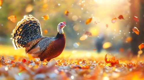 Turkey among Falling Autumn Leaves
